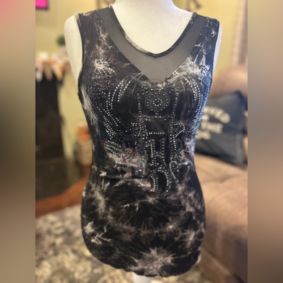 HARLEY-DAVIDSON sexy v neck asymmetrical tank top with sheer panels and bling! - Picture 1 of 8
